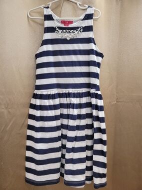 Girls' Navy and White Stripe Sleeveless Dress with Embellished Neck